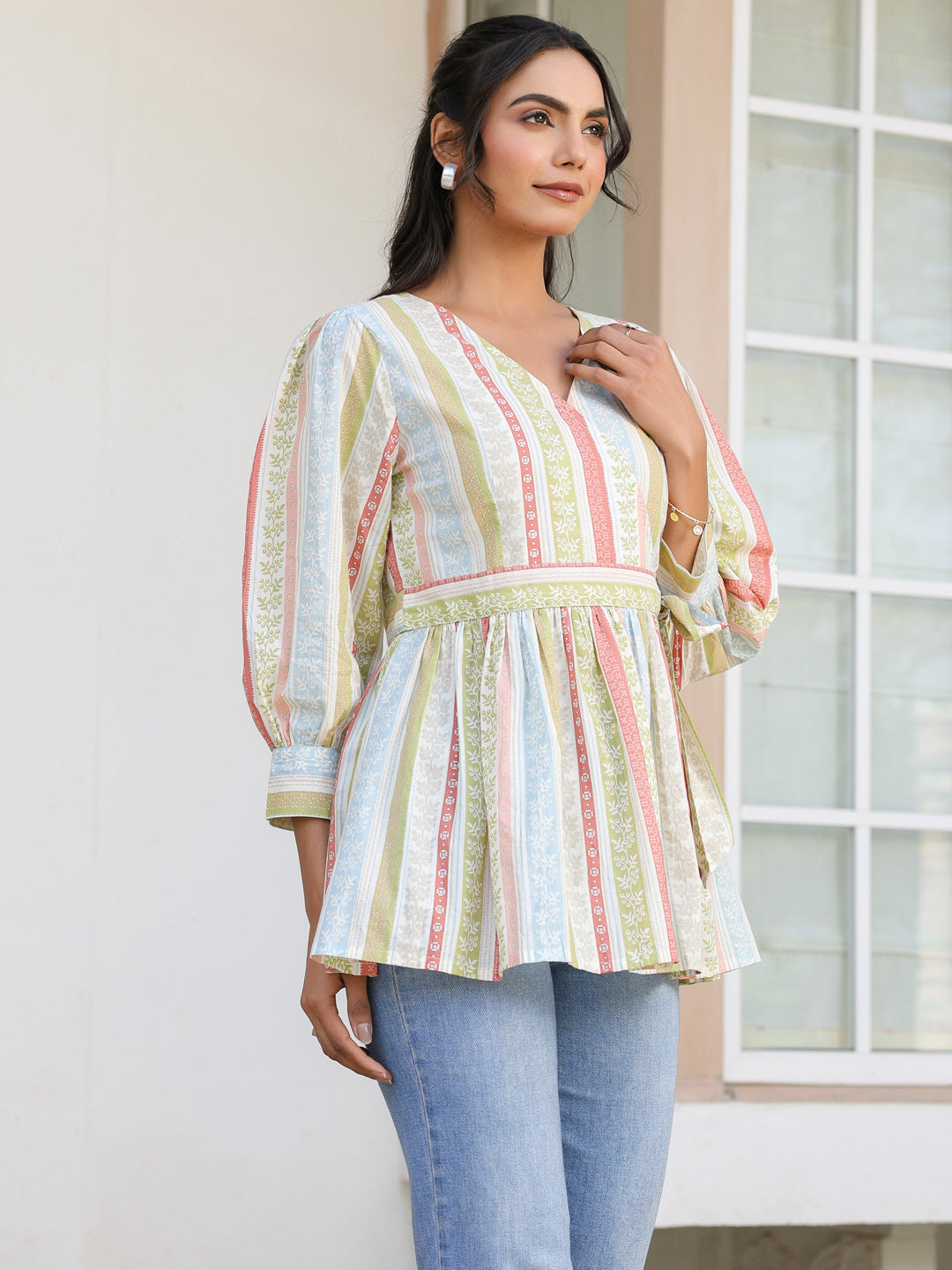 Off White Pure Cotton Floral Printed Peplum Top - qivii