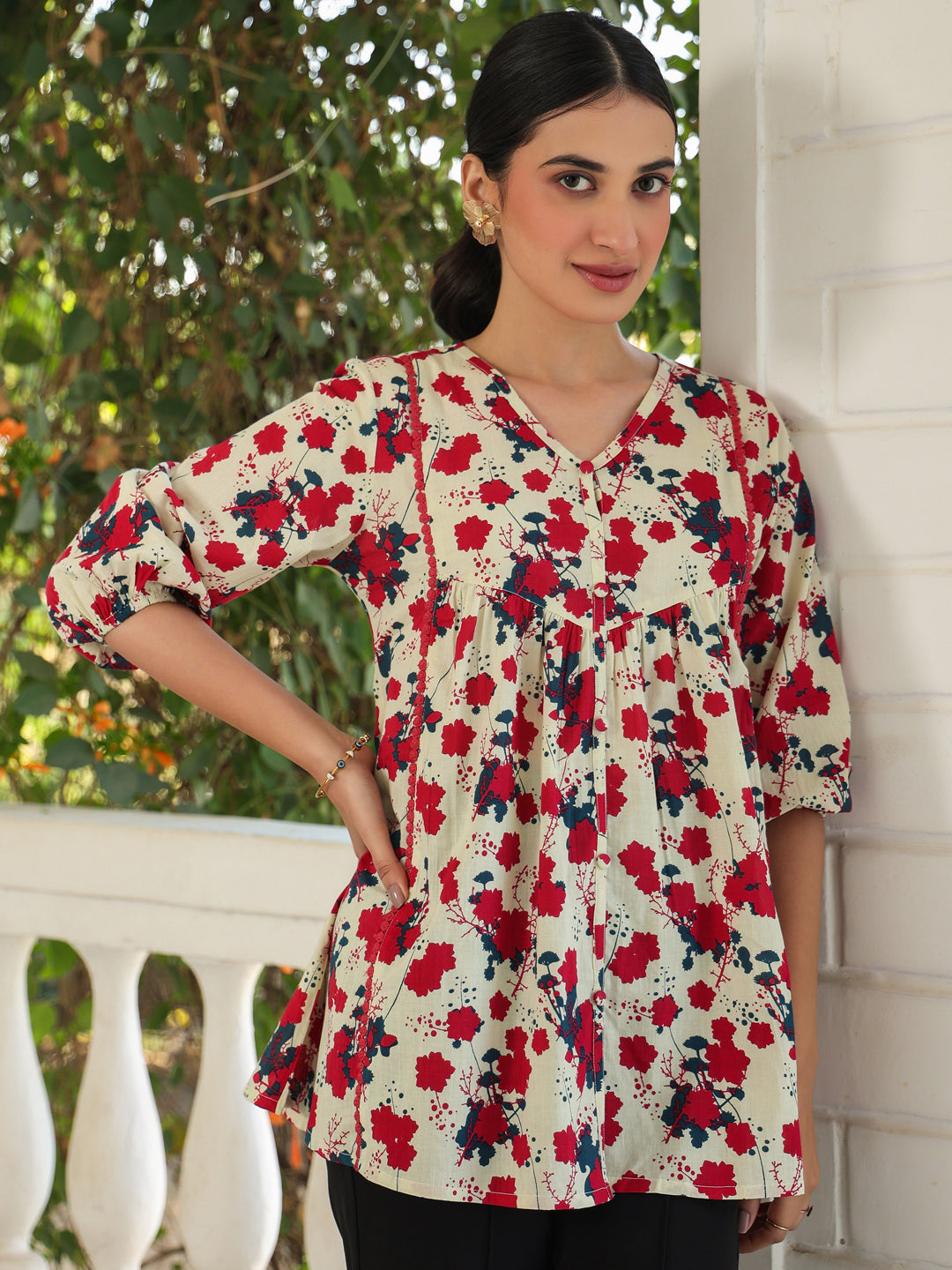 Cream Pure Cotton Floral Printed A-Line Top - qivii