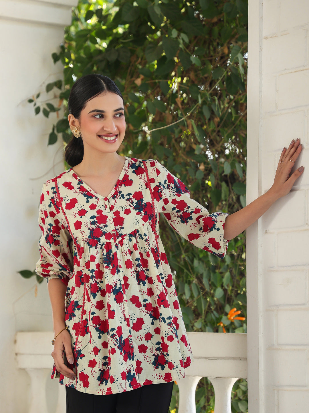 Cream Pure Cotton Floral Printed A-Line Top - qivii