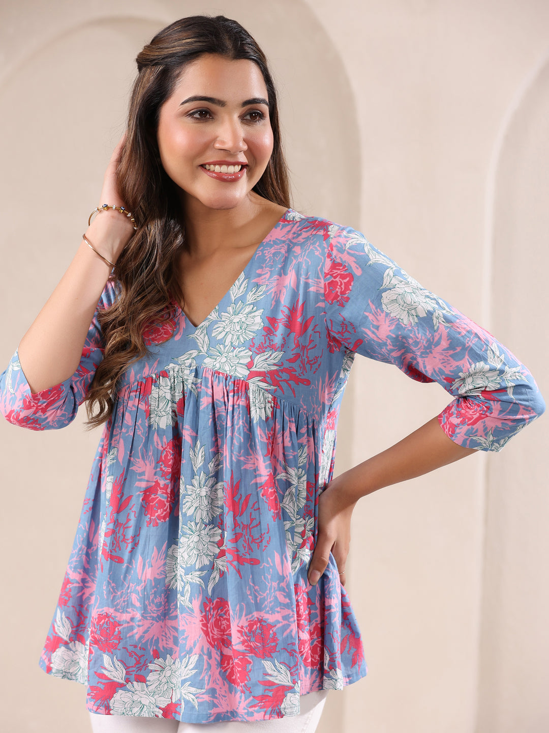 Janasya Women's Blue Pure Cotton Floral Printed A-line Top - qivii