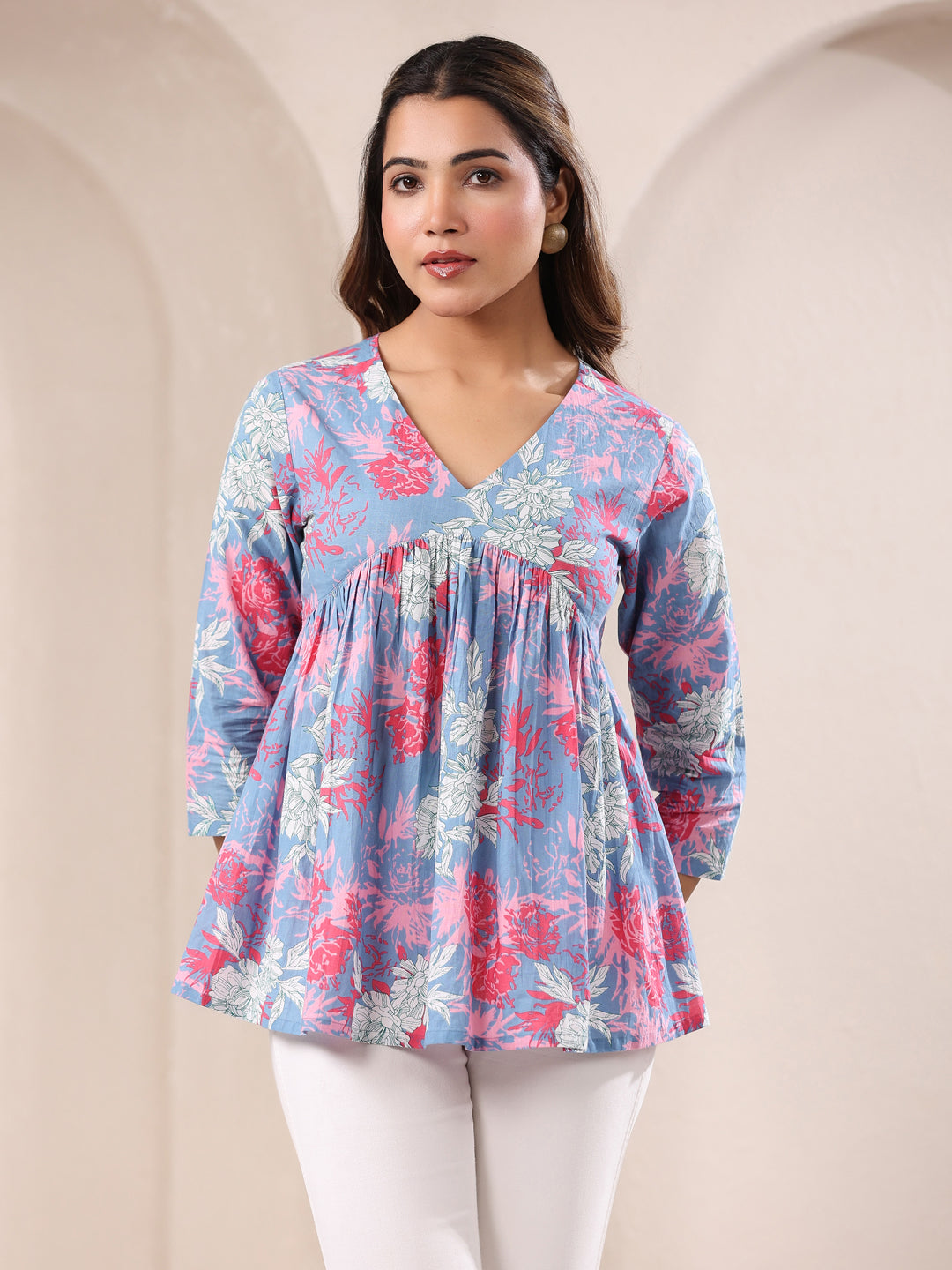 Janasya Women's Blue Pure Cotton Floral Printed A-line Top - qivii