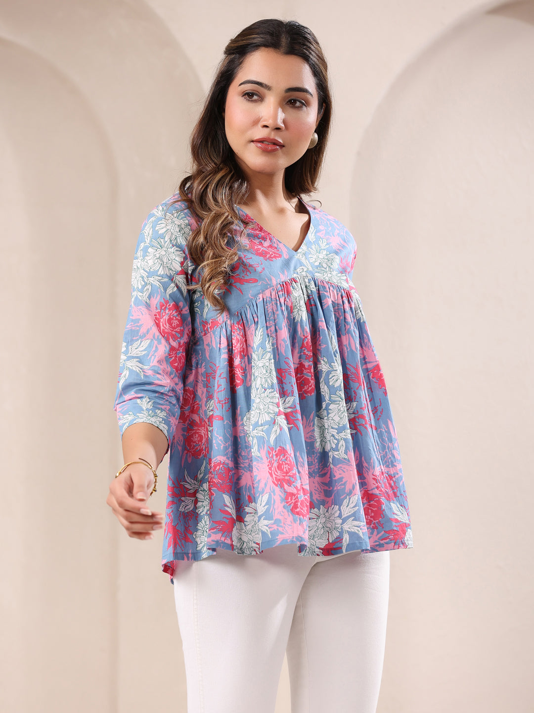 Janasya Women's Blue Pure Cotton Floral Printed A-line Top - qivii