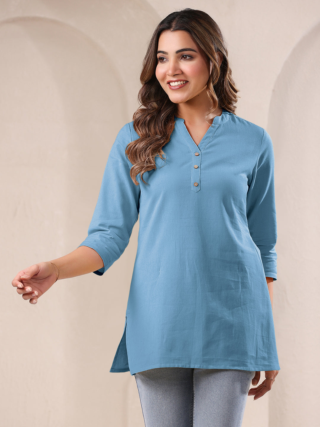 Light Blue Cotton Solid A-line Top - qivii