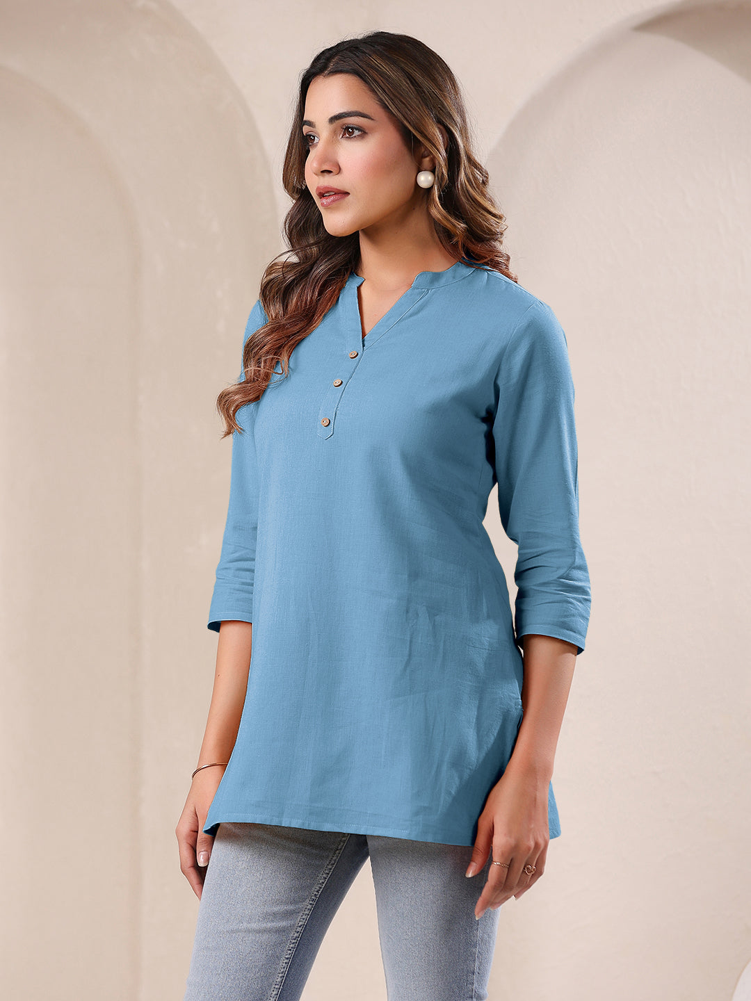 Light Blue Cotton Solid A-line Top - qivii