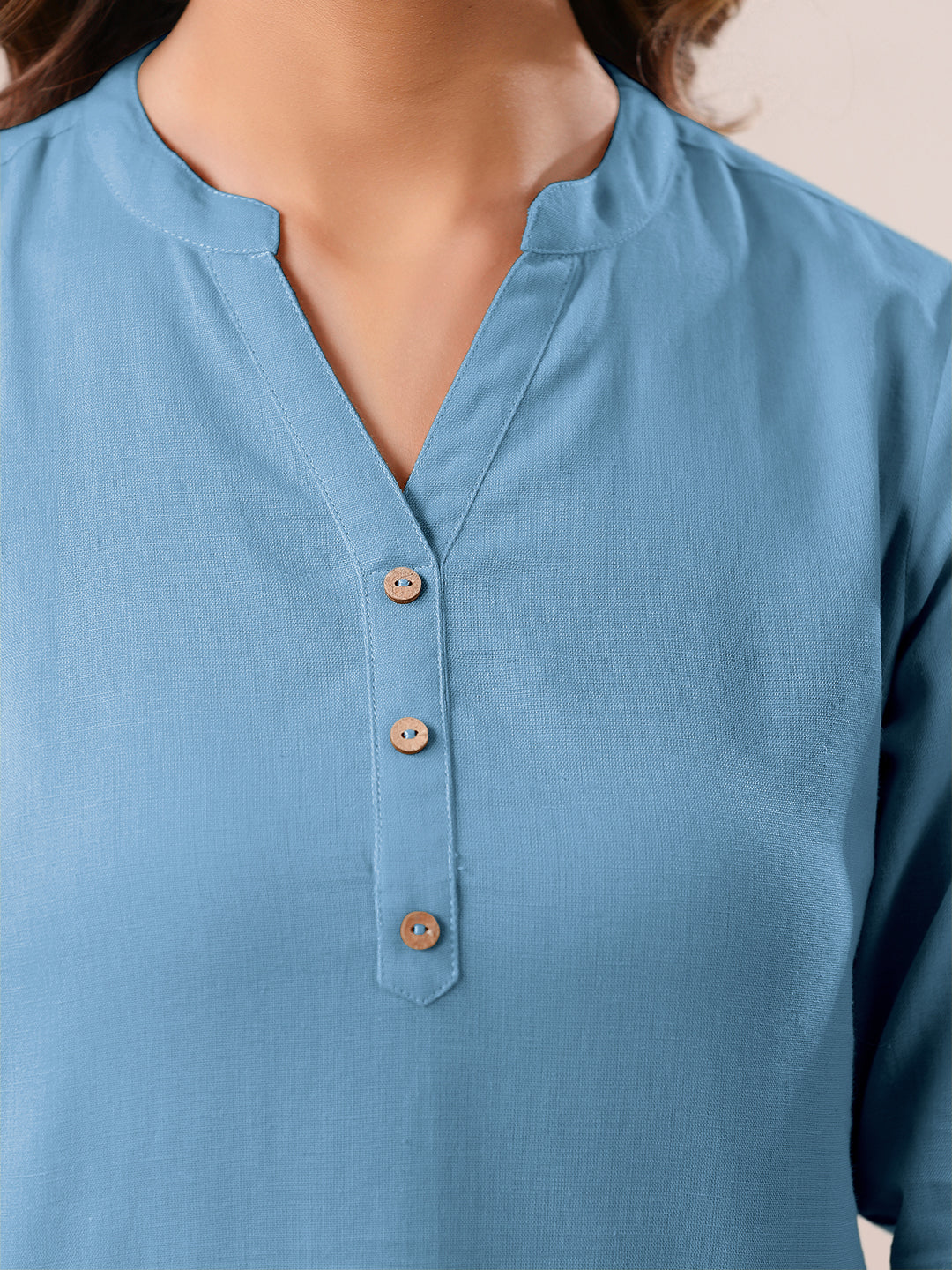 Light Blue Cotton Solid A-line Top - qivii