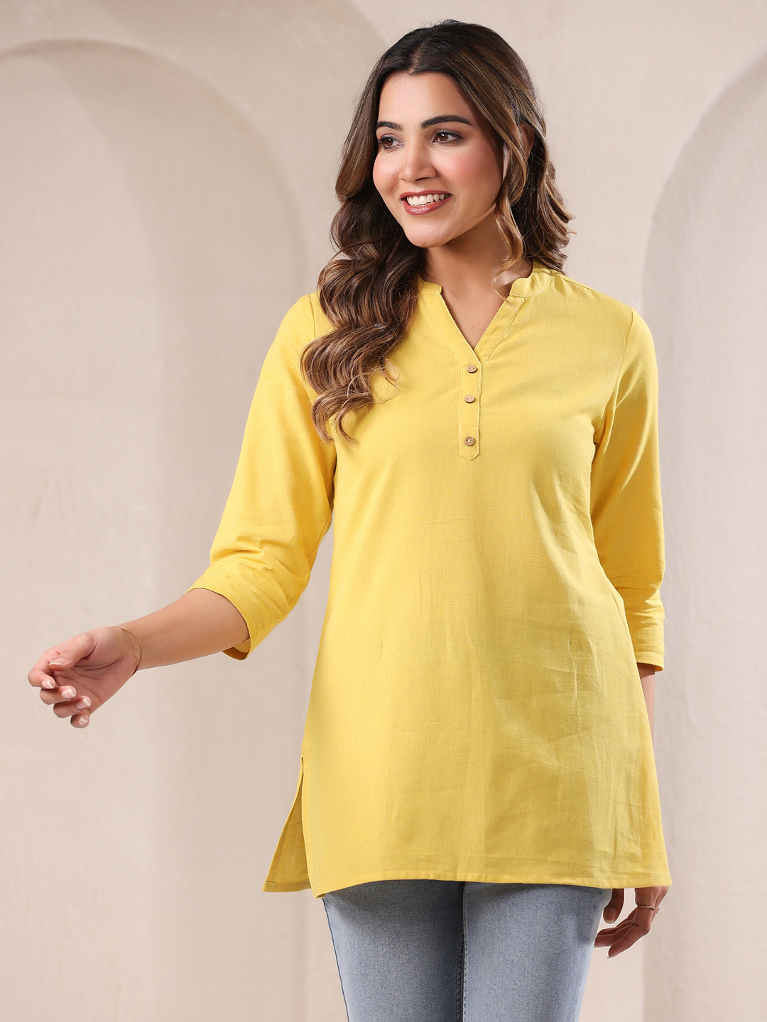 Yellow Cotton Solid A-line Top - qivii