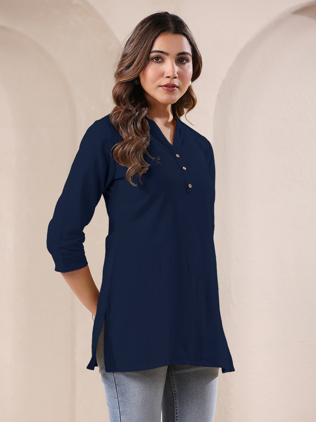 Navy Blue Cotton Solid A-line Top - qivii