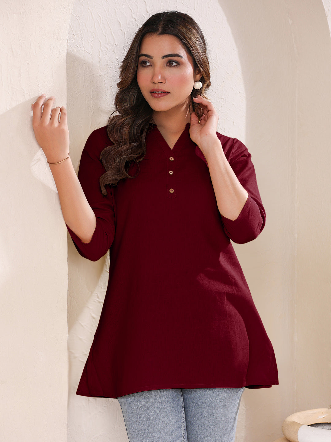 Maroon Cotton Solid A-line Top - qivii