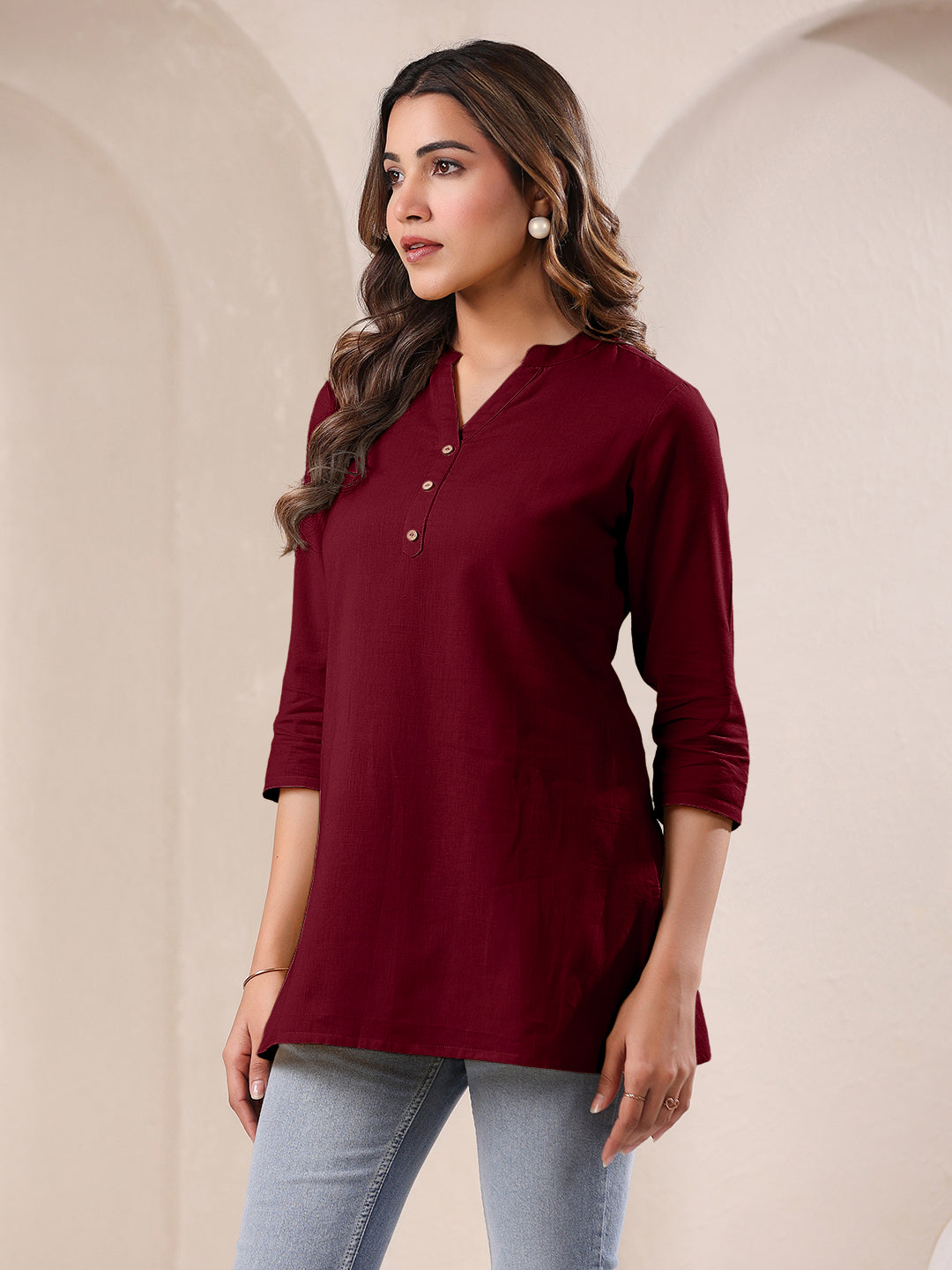 Maroon Cotton Solid A-line Top - qivii