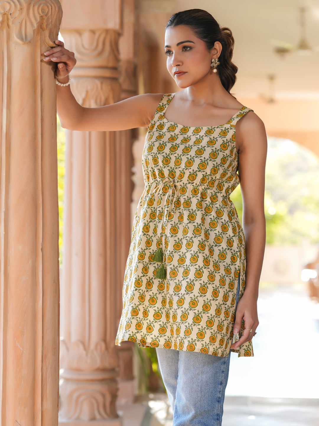 Cream Pure Cotton Floral Printed A-line Tunic - qivii