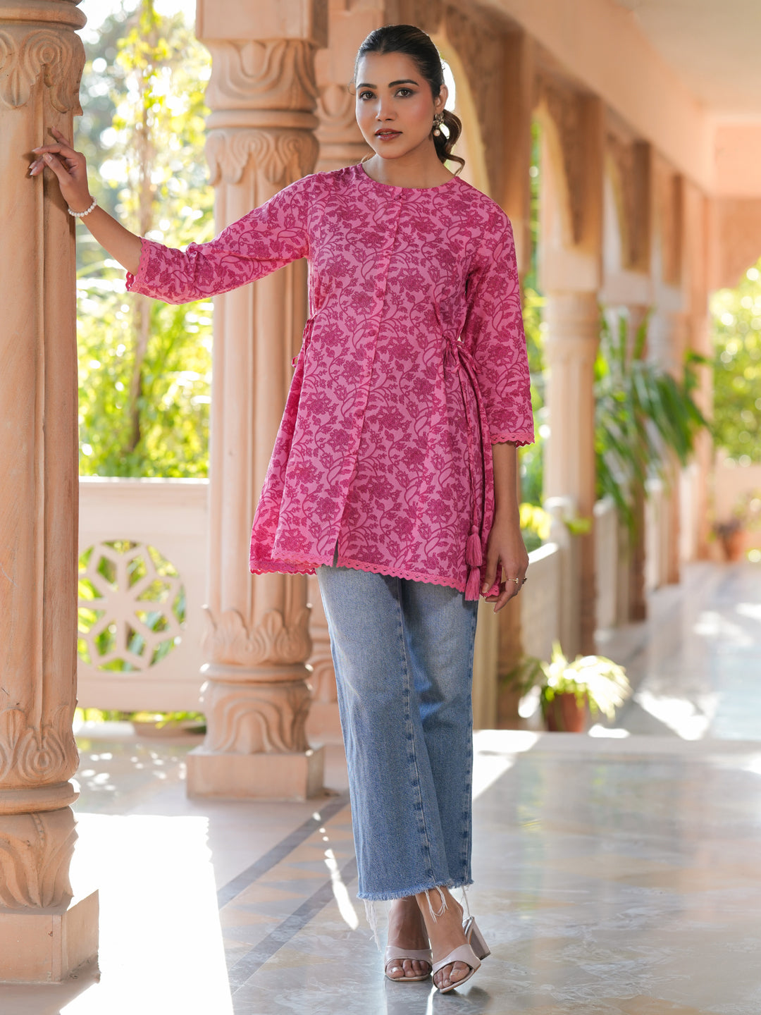 Pink Pure Cotton Floral Printed A-line Tunic - qivii