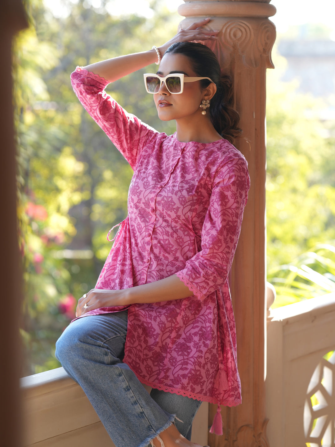 Pink Pure Cotton Floral Printed A-line Tunic - qivii