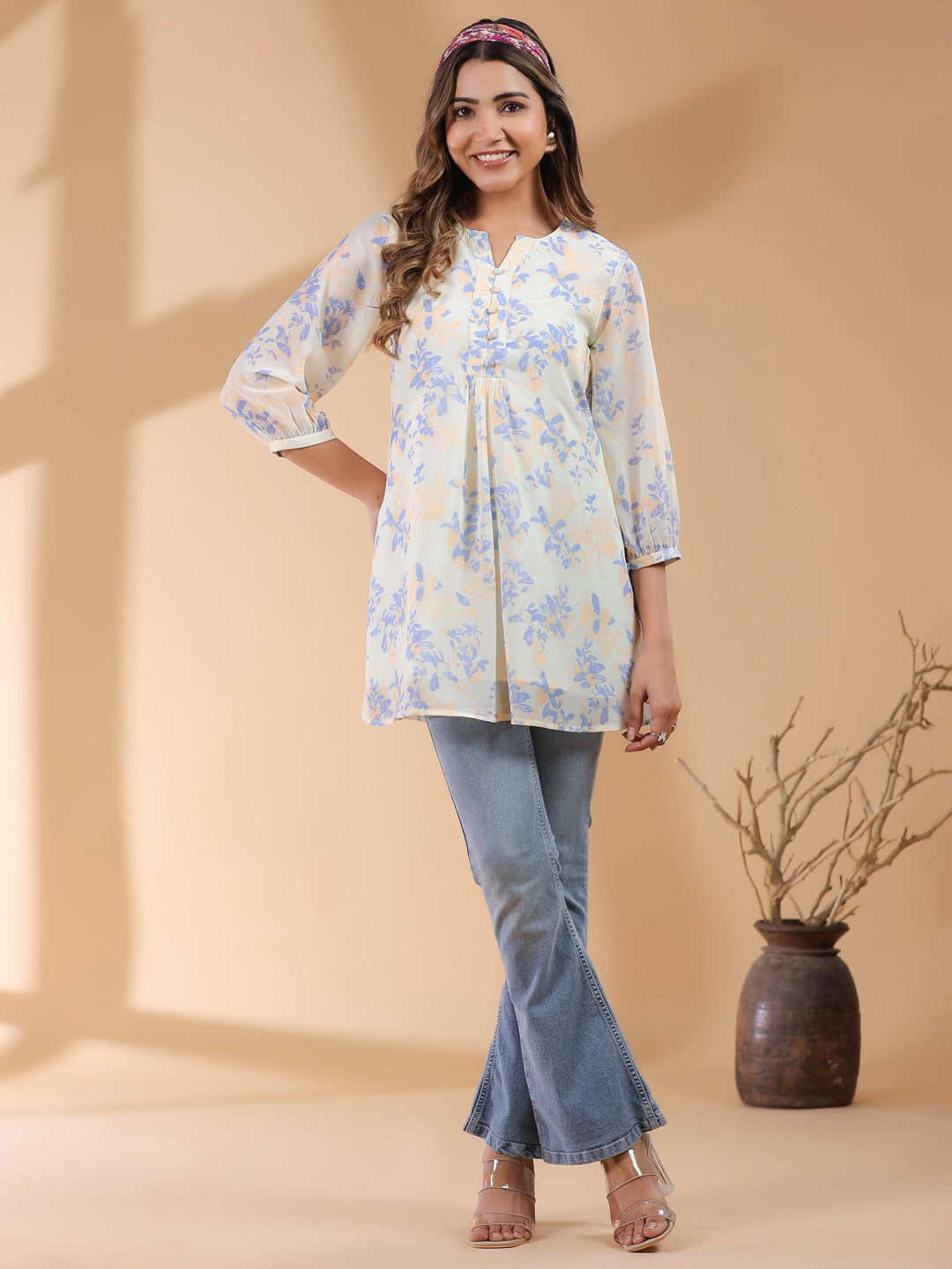 Cream Georgette Floral Printed A-Line Tunic - qivii