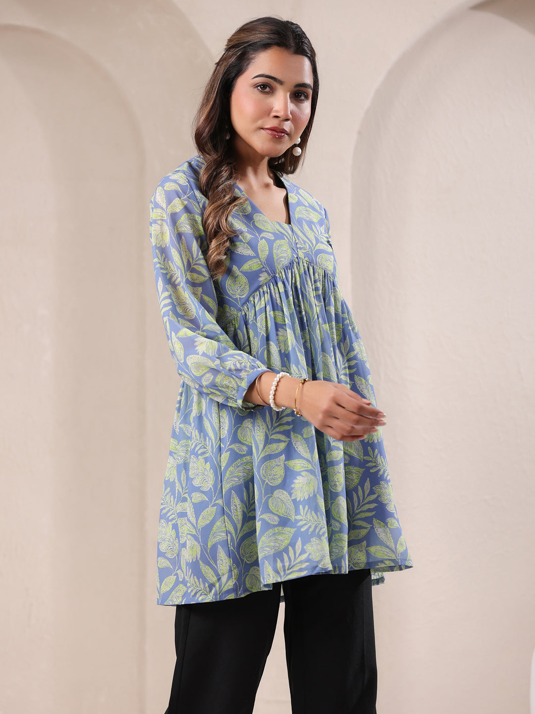 Light Blue Georgette Tropical Printed A-Line Tunic - qivii