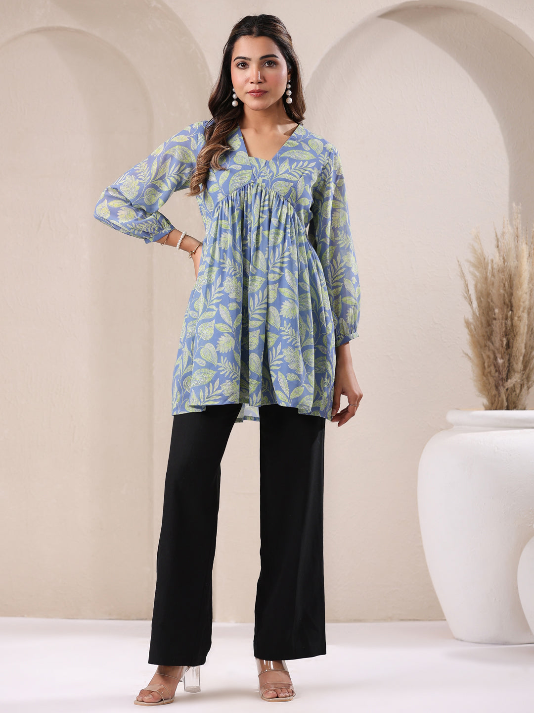 Light Blue Georgette Tropical Printed A-Line Tunic - qivii