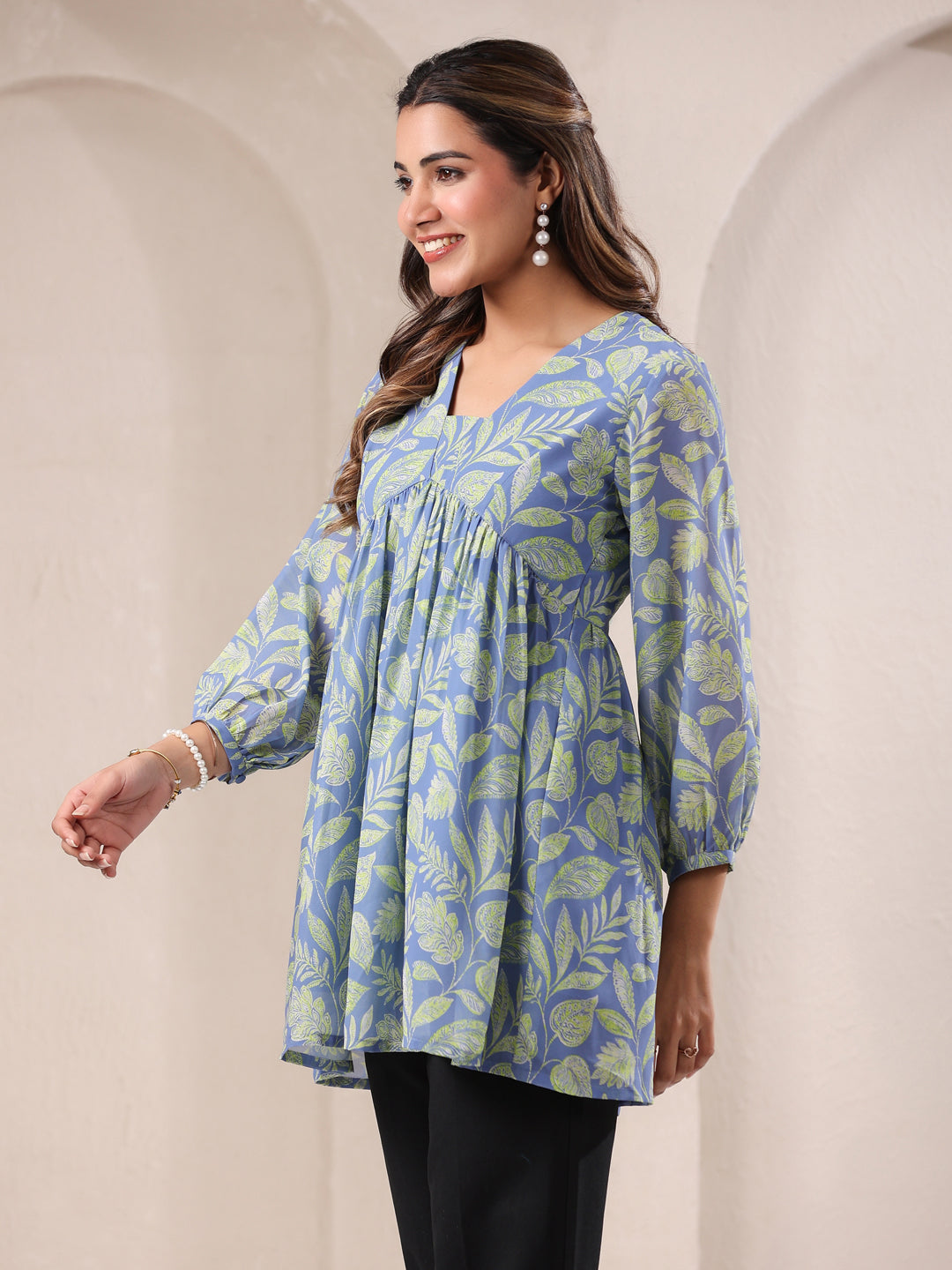 Light Blue Georgette Tropical Printed A-Line Tunic - qivii