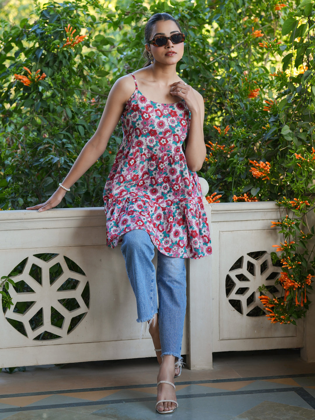 Pink Pure Cotton Floral Printed Tiered Tunic - qivii