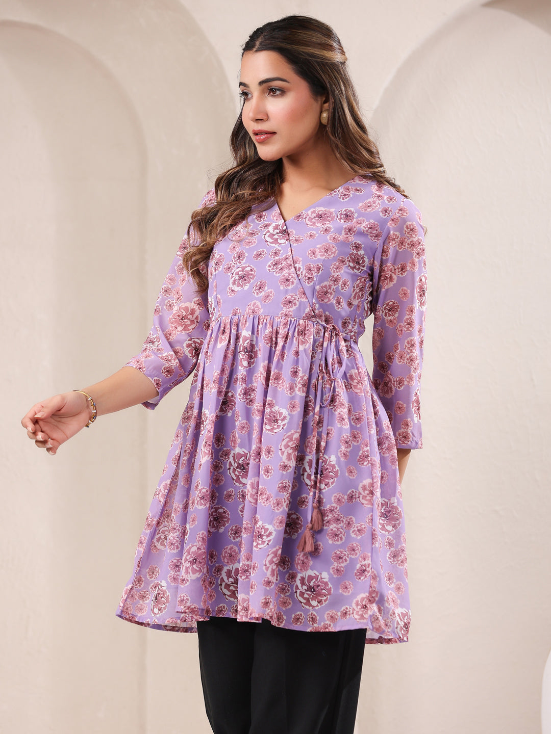 Lavender Georgette Floral Printed A-Line Tunic - qivii