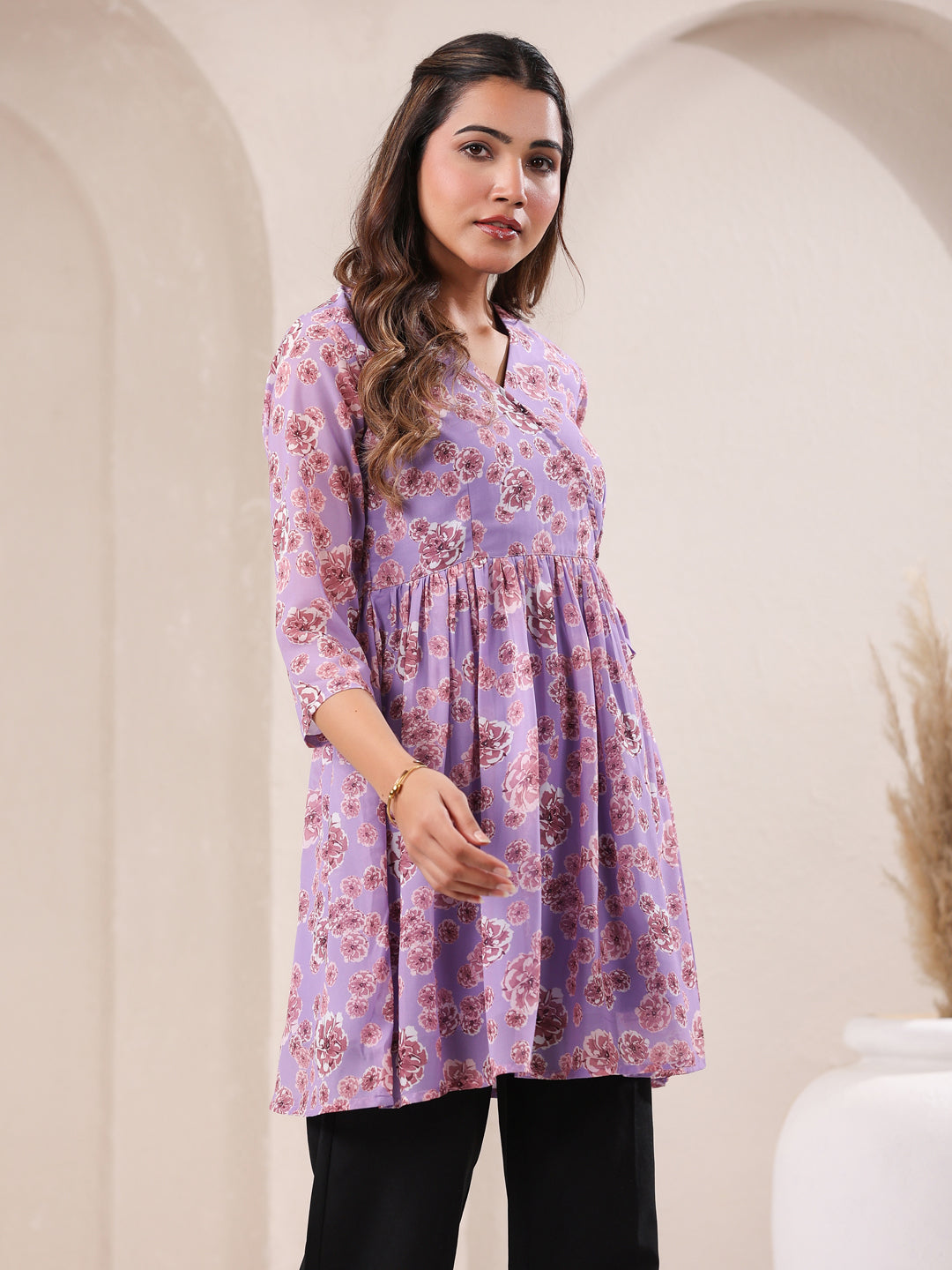 Lavender Georgette Floral Printed A-Line Tunic - qivii