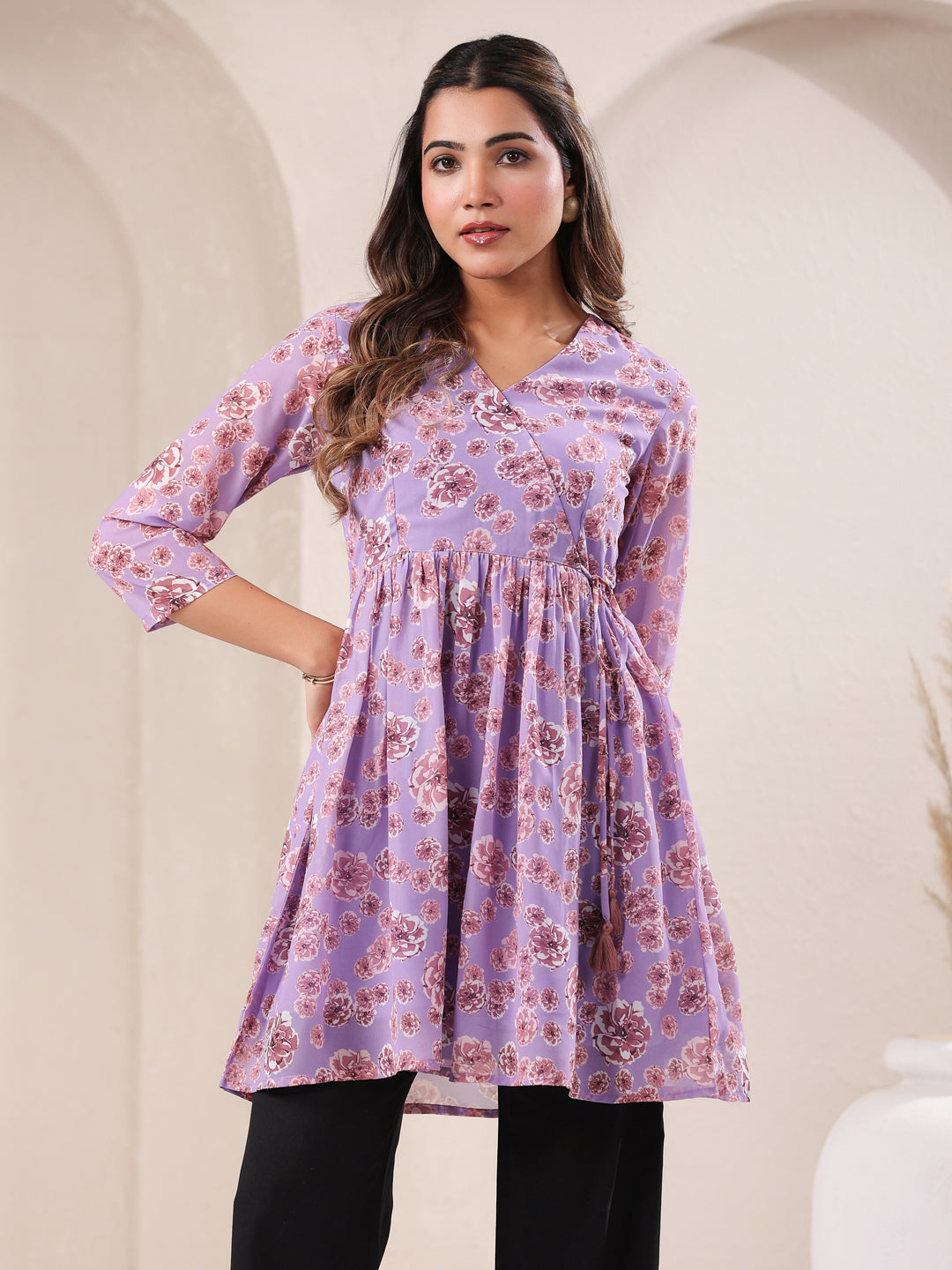 Lavender Georgette Floral Printed A-Line Tunic - qivii