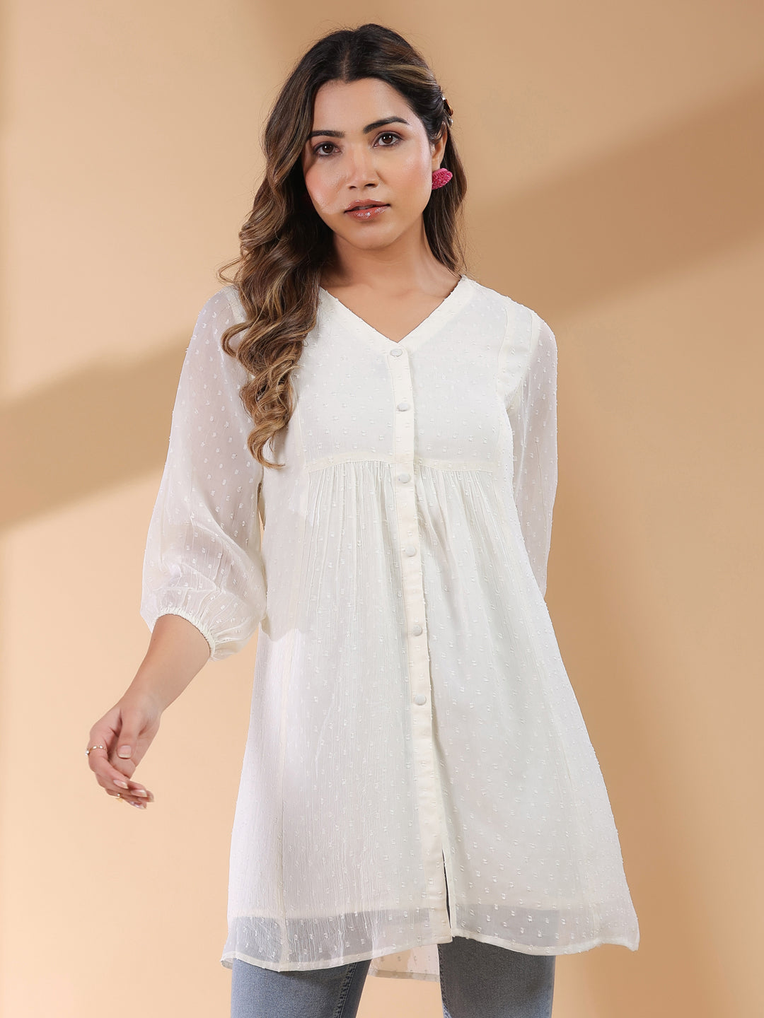 Off White Chiffon Self Design A-Line Tunic - qivii