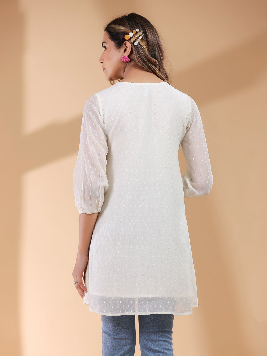 Off White Chiffon Self Design A-Line Tunic - qivii
