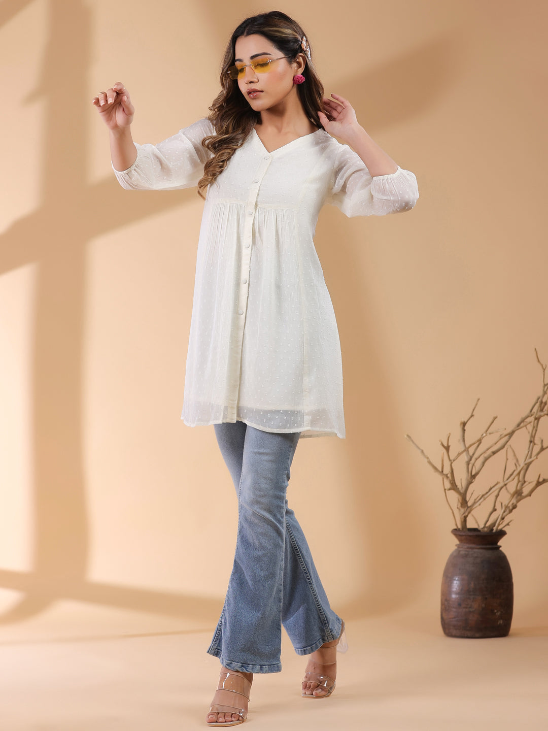 Off White Chiffon Self Design A-Line Tunic - qivii