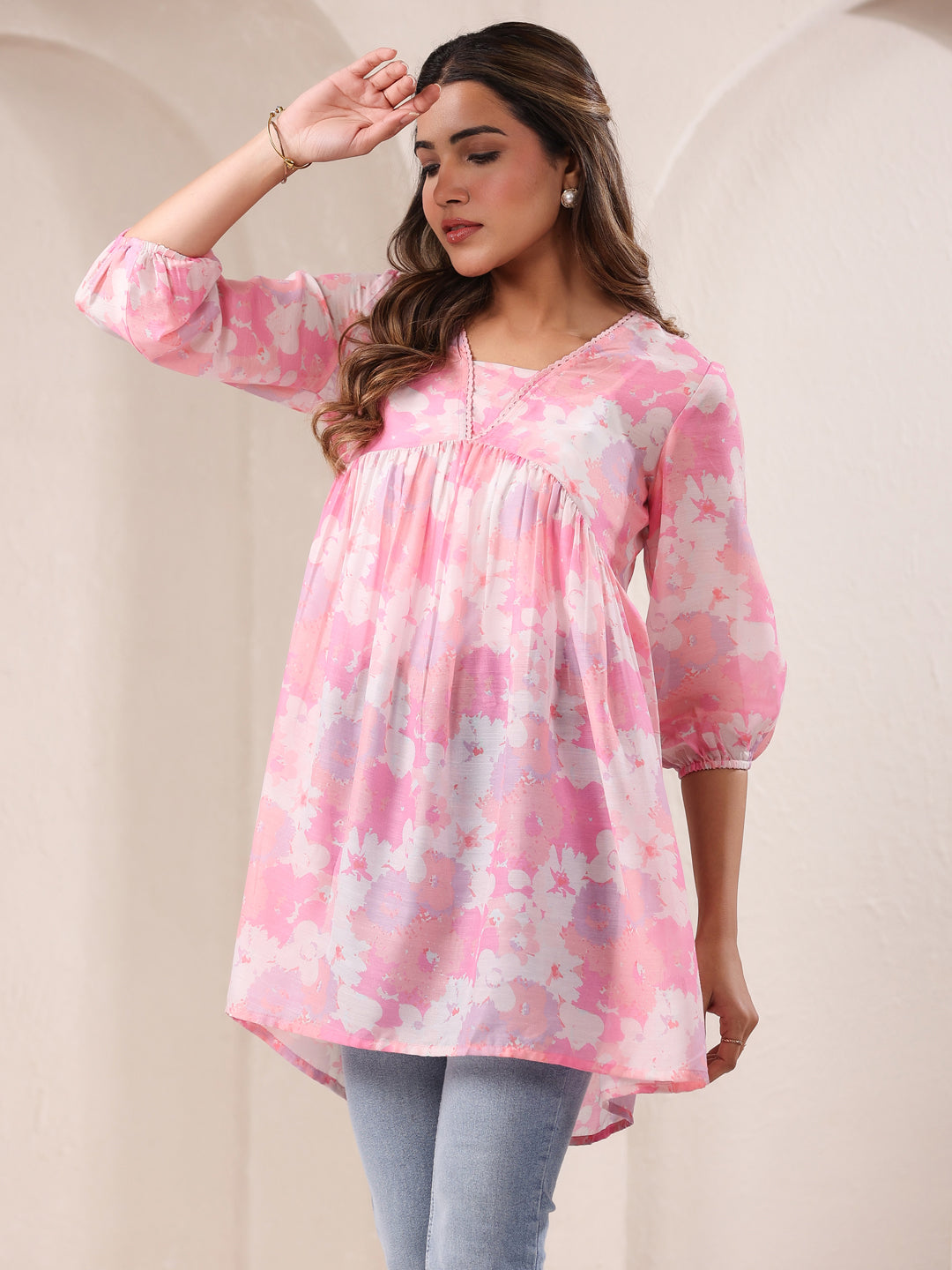 Pink Cotton Blend Floral Printed A-line Tunic - qivii