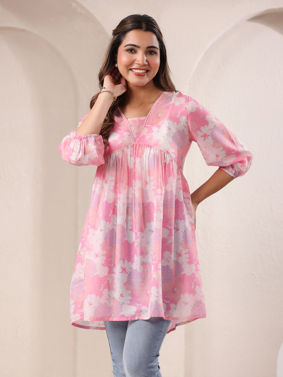 Pink Cotton Blend Floral Printed A-line Tunic - qivii