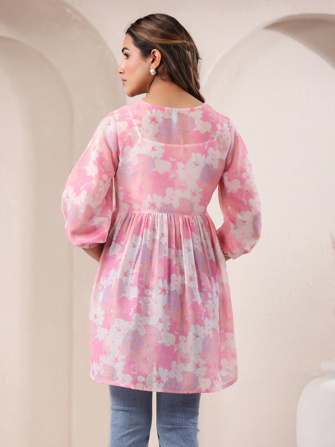Pink Cotton Blend Floral Printed A-line Tunic - qivii