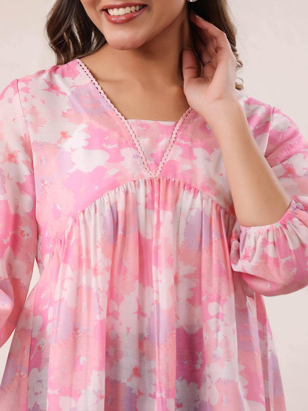 Pink Cotton Blend Floral Printed A-line Tunic - qivii