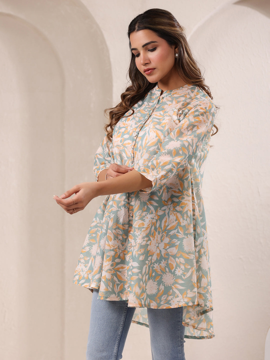 Sage Green Silk Blend Floral Printed A-line Tunic - qivii