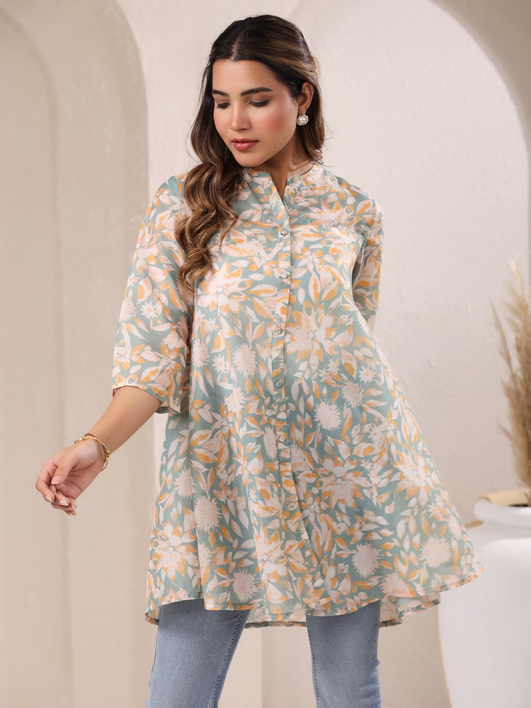 Sage Green Silk Blend Floral Printed A-line Tunic - qivii