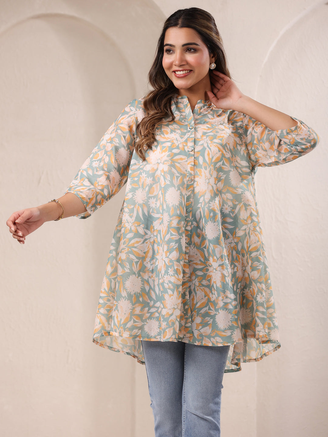 Sage Green Silk Blend Floral Printed A-line Tunic - qivii