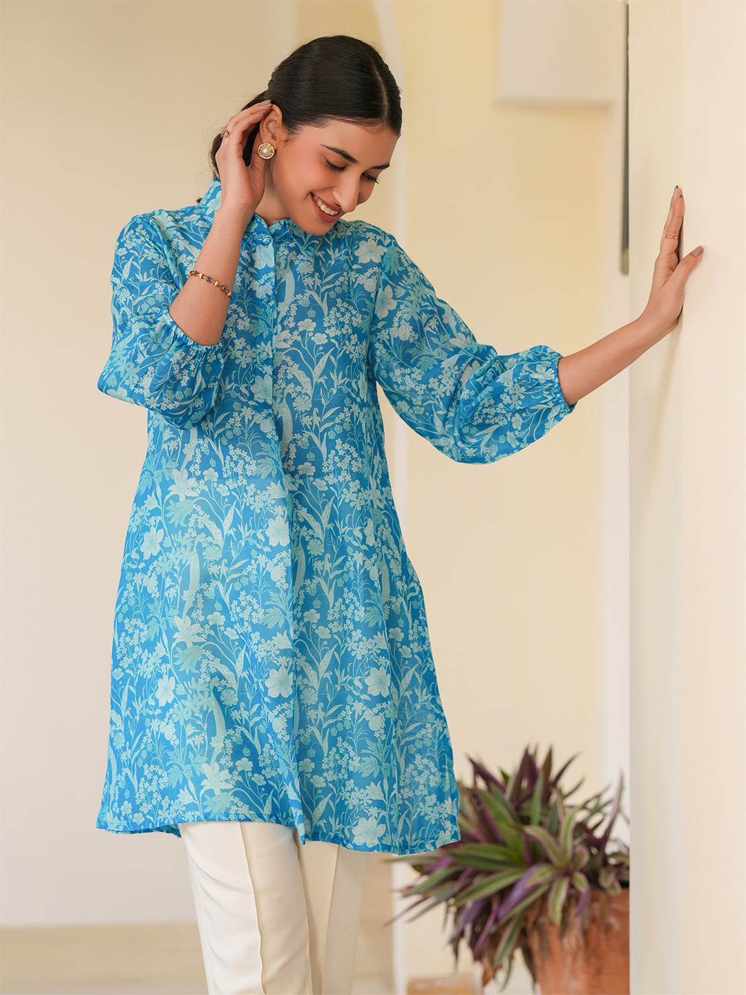 Blue Silk Blend Floral Printed A-line Tunic - qivii