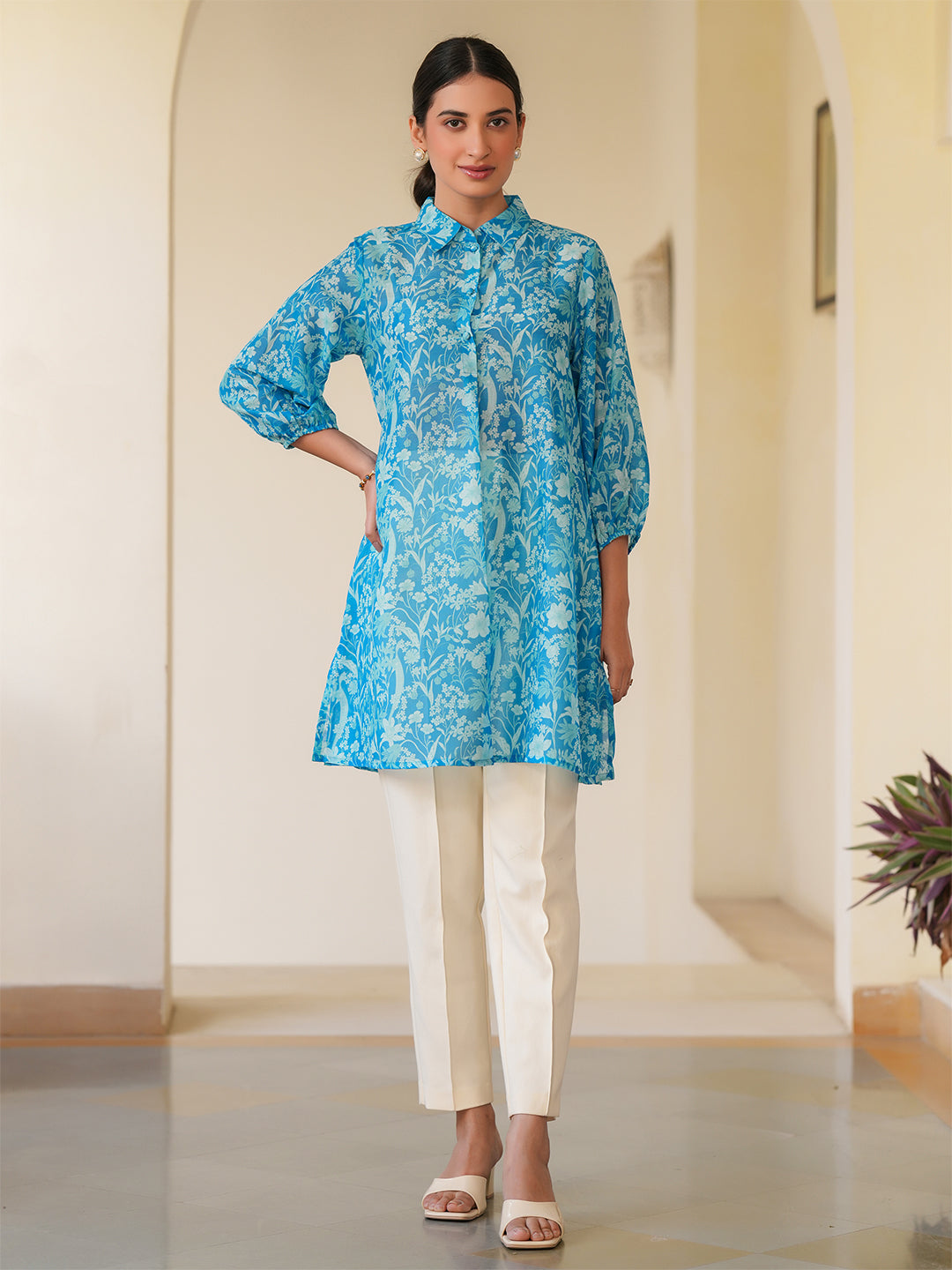 Blue Cotton Blend Floral Printed A-line Tunic - qivii