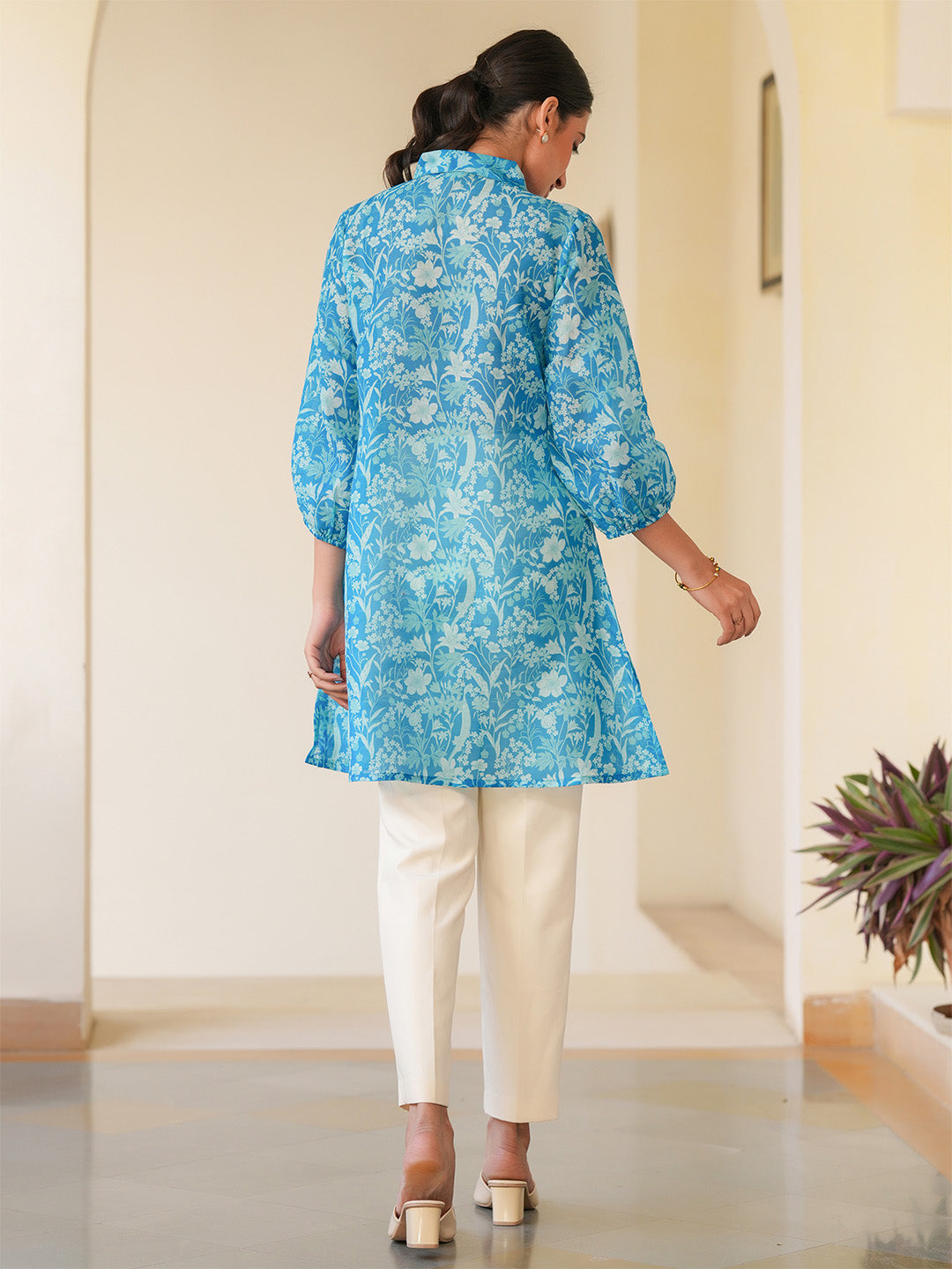 Blue Silk Blend Floral Printed A-line Tunic - qivii