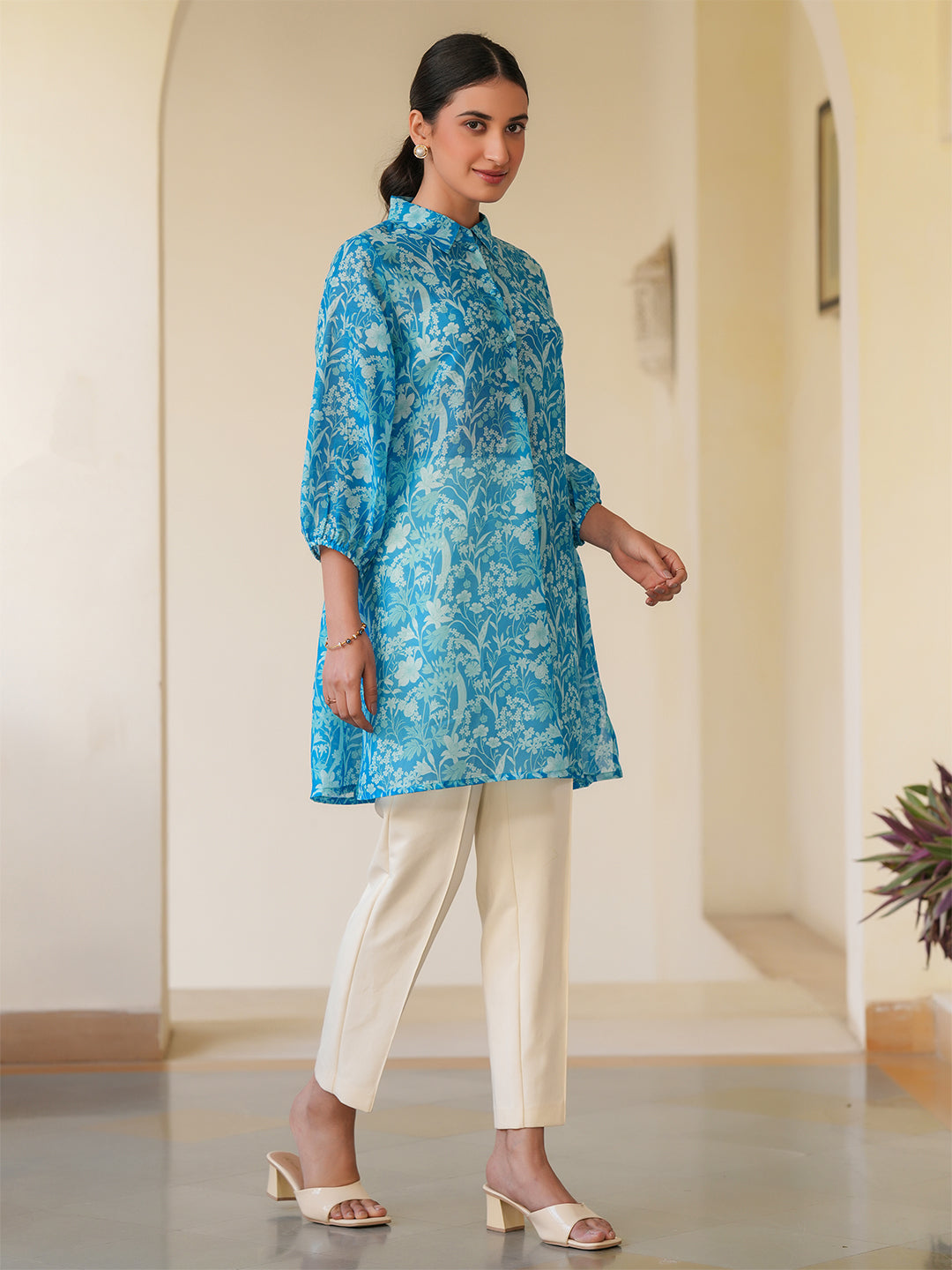 Blue Silk Blend Floral Printed A-line Tunic - qivii