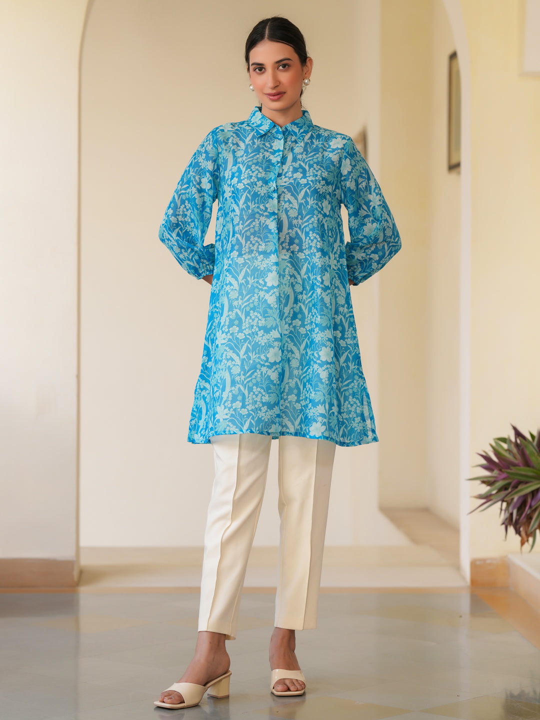 Blue Cotton Blend Floral Printed A-line Tunic - qivii