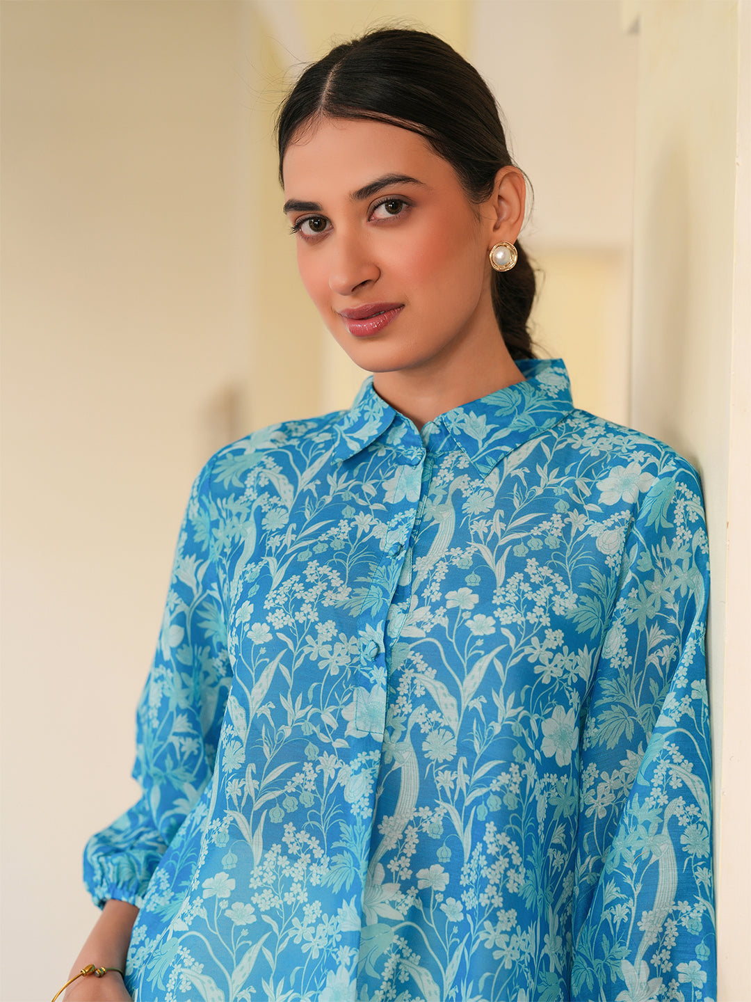 Blue Cotton Blend Floral Printed A-line Tunic - qivii