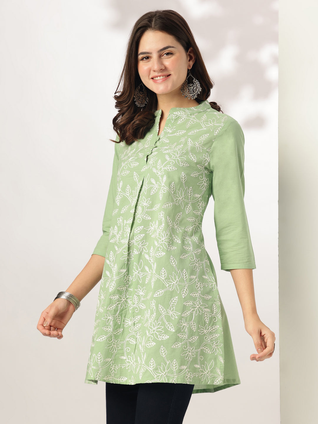Light Green Pure Cotton Embroidered A-line Tunic - qivii