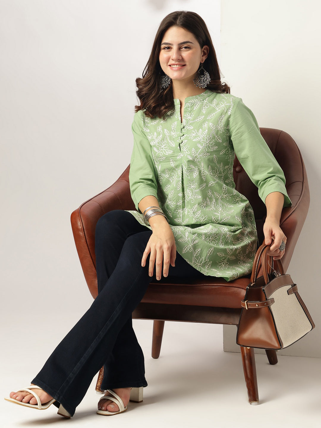 Light Green Pure Cotton Embroidered A-line Tunic - qivii