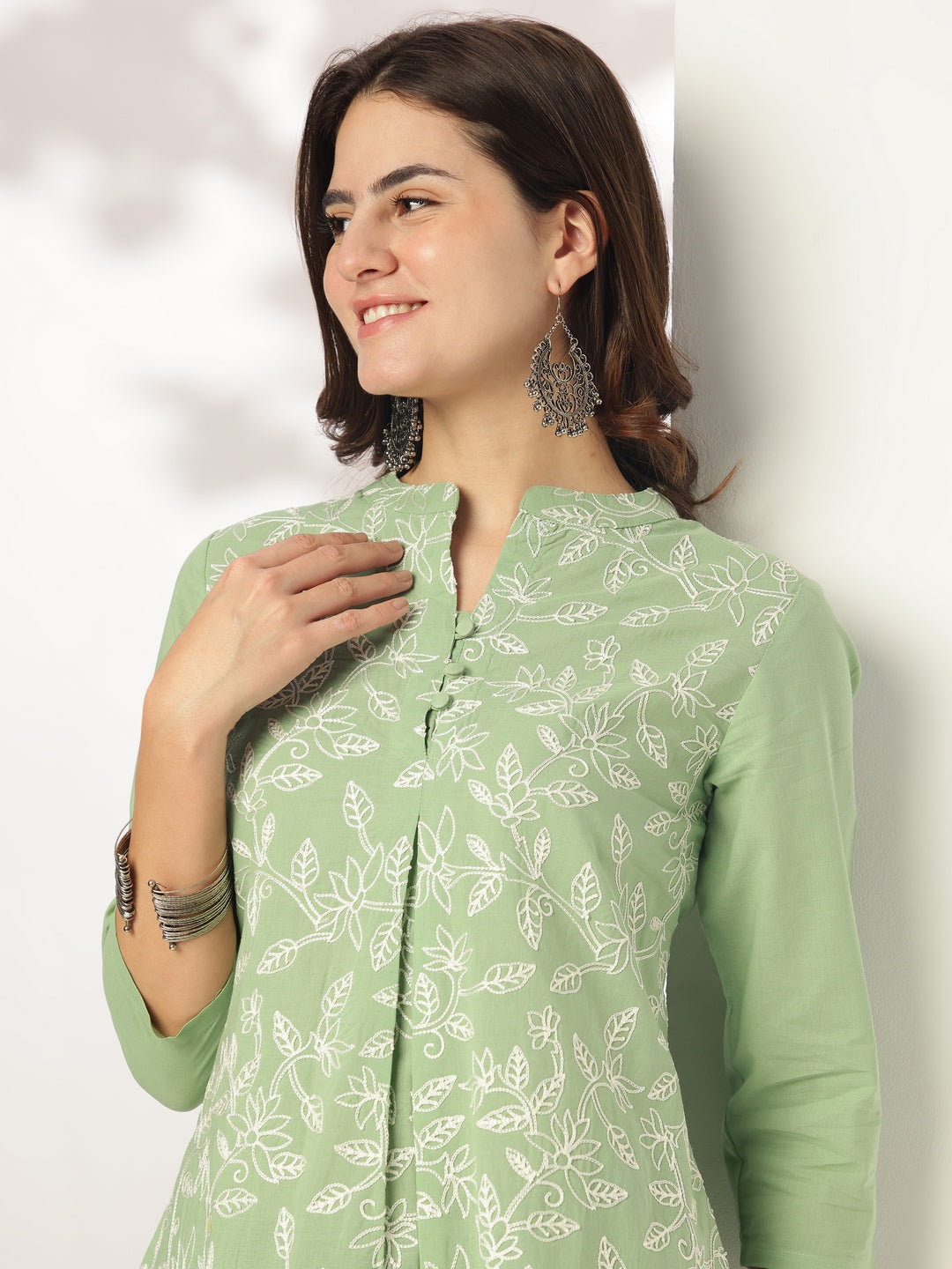 Light Green Pure Cotton Embroidered A-line Tunic - qivii