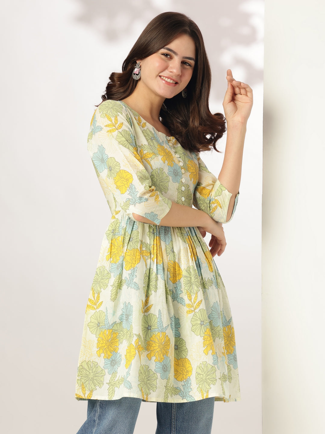 Off White Pure Cotton Floral Printed A-line Tunic For Women - qivii