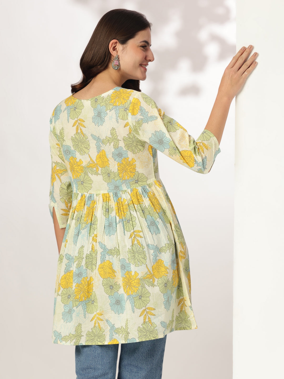 Off White Pure Cotton Floral Printed A-line Tunic For Women - qivii