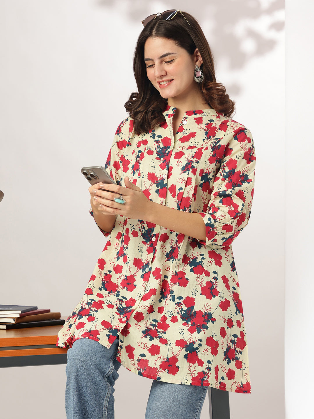 Cream Pure Cotton Floral Printed A-line Tunic - qivii