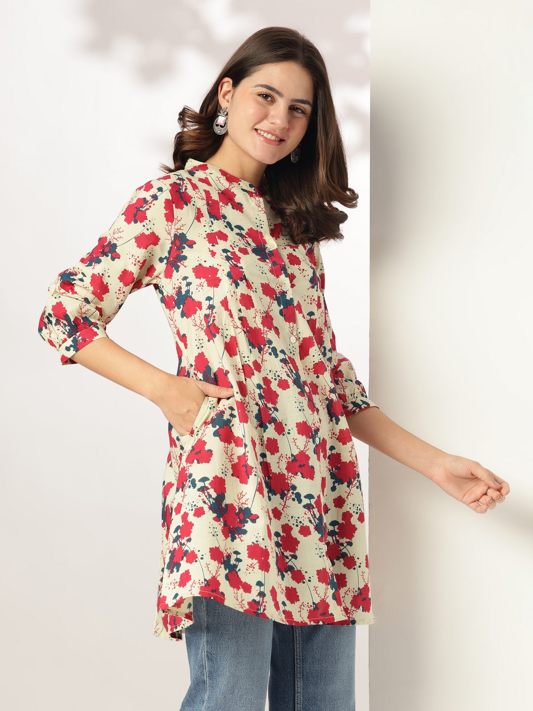 Cream Pure Cotton Floral Printed A-line Tunic - qivii