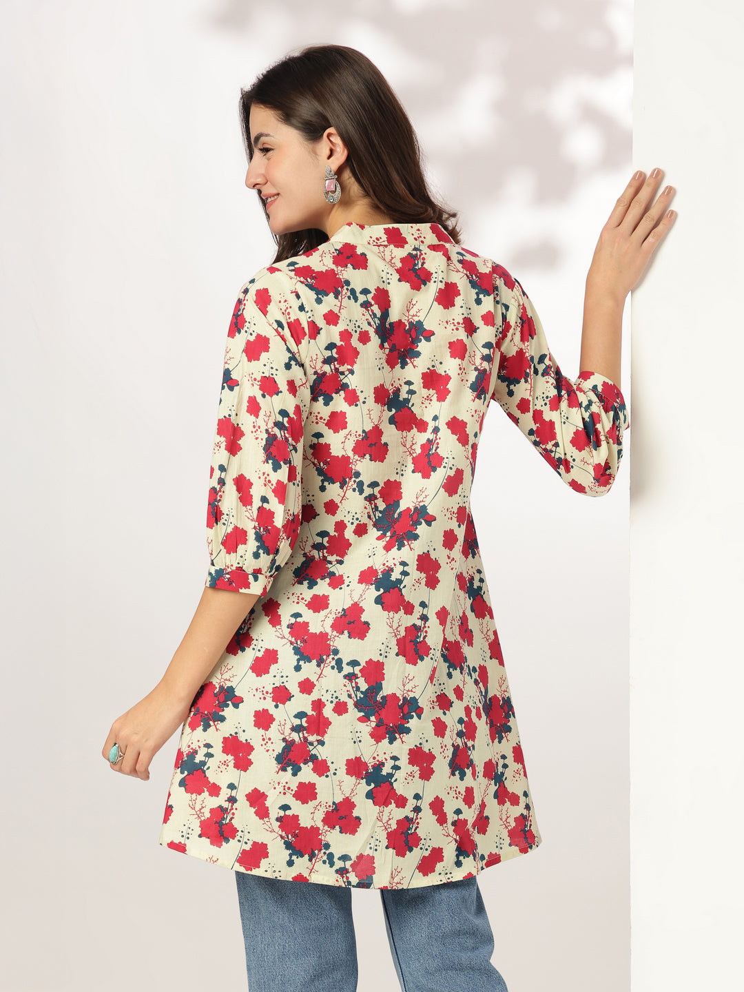 Cream Pure Cotton Floral Printed A-line Tunic - qivii