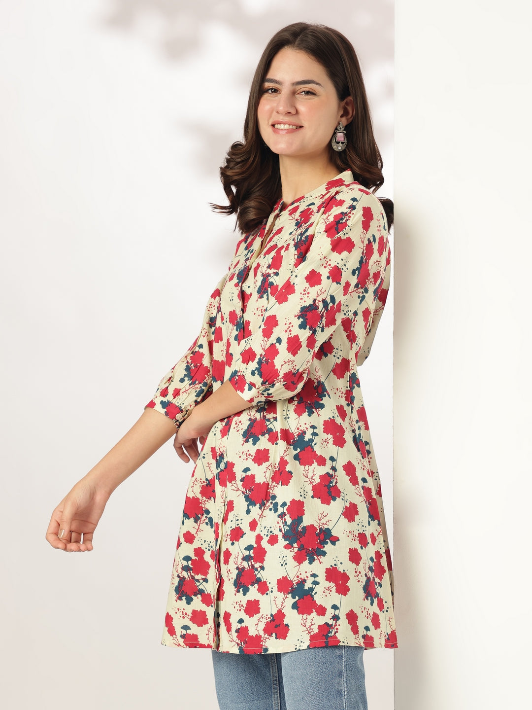 Cream Pure Cotton Floral Printed A-line Tunic - qivii