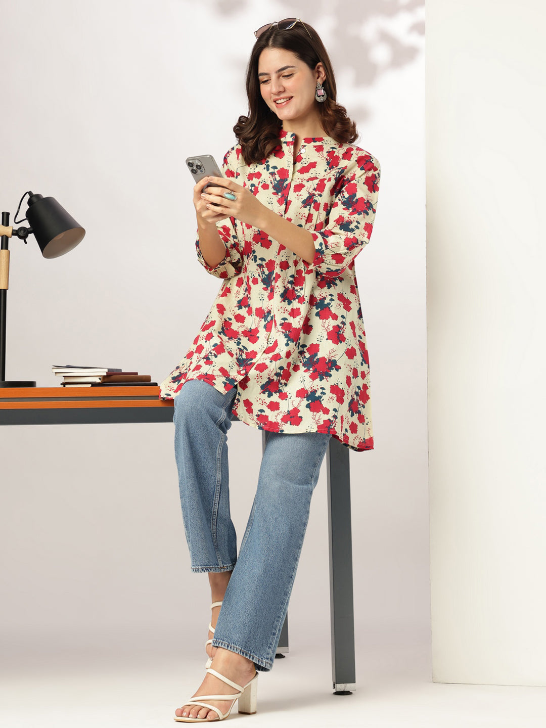 Cream Pure Cotton Floral Printed A-line Tunic - qivii
